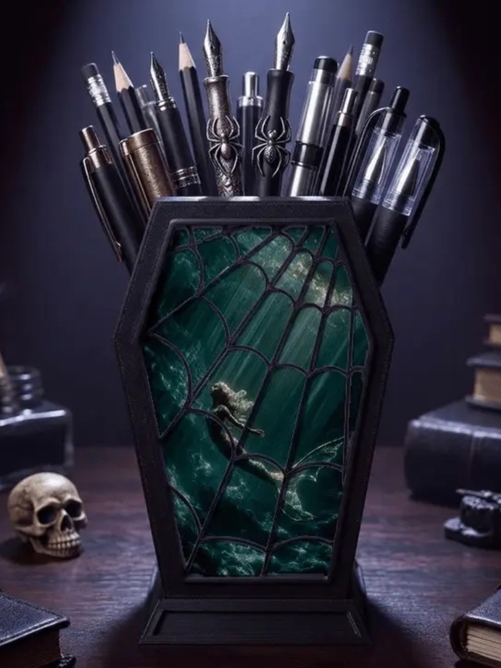 Gothic Coffin Pen Holder with Emerald Web Mermaid Panel